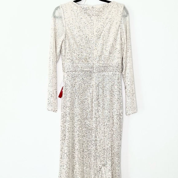 NWT leena for Mac Duggal Sequined Faux Wrap Sleeve Column Gown Silver Nude - Picture 7 of 7